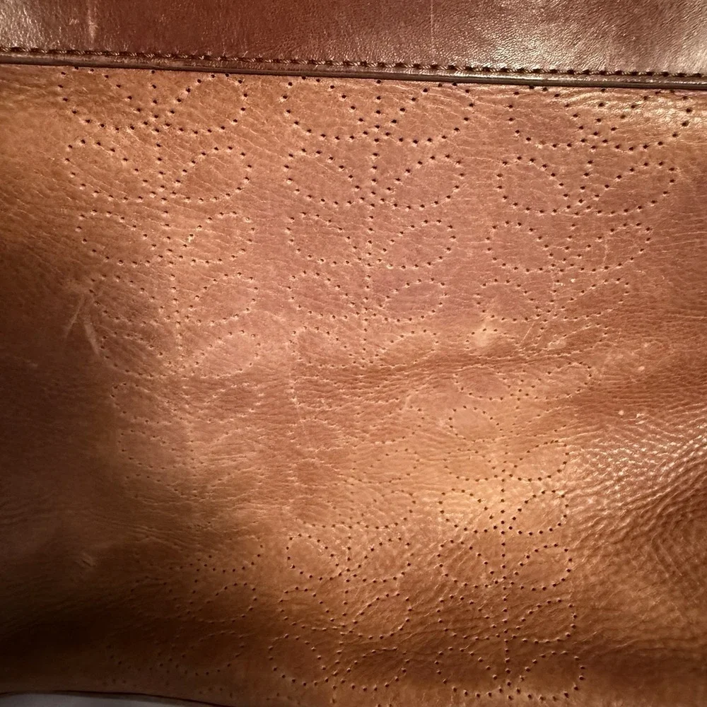 Orla Kiely Vintage Leather Shoulder Top Handle Bag Purse Brown Floral Detail
